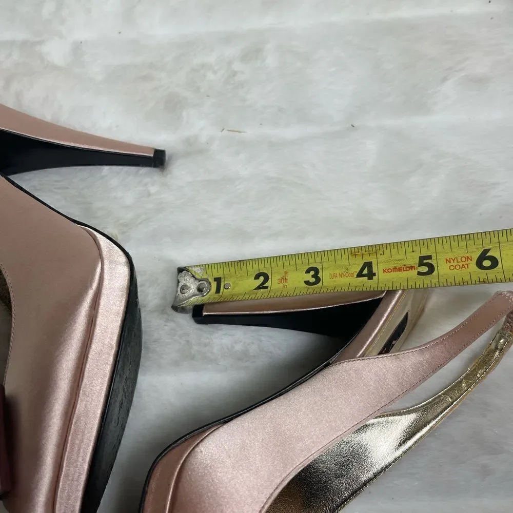 Nina Blush pink satin back strap sandals with brown satin front bow peep toe SZ8